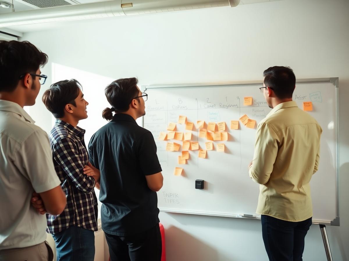 Offshore product team running a sprint planning session at a whiteboard in Manila